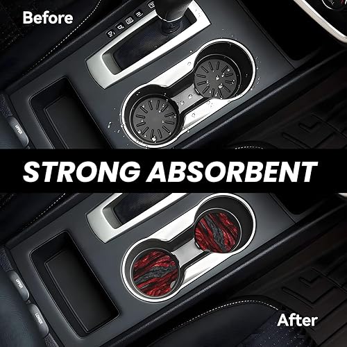 Miniatura 5 de Posavasos absorbentes de grano de madera negra y roja para portavasos de automóvil, paquete de 2 posavasos de cerámica con parte trasera de corcho y