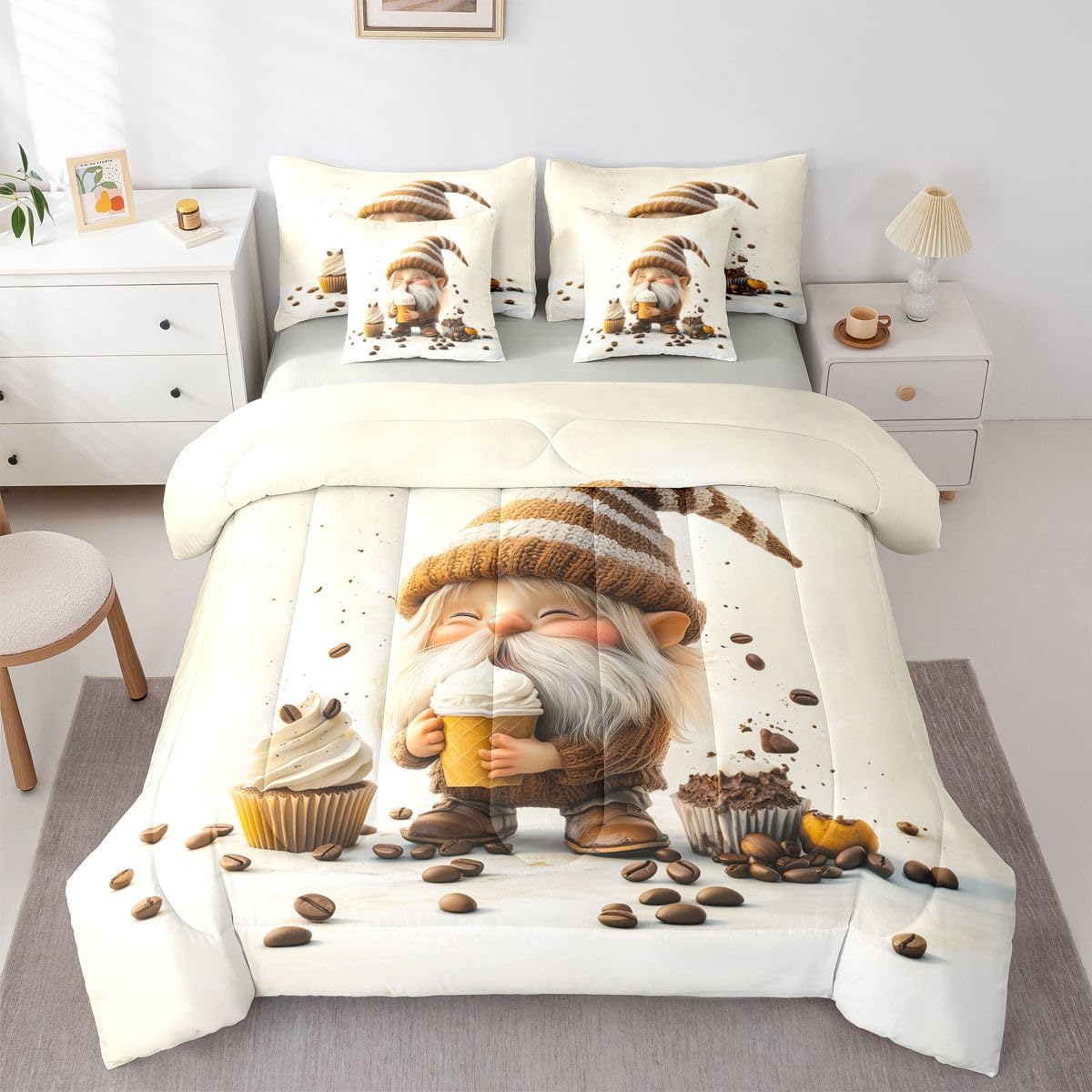 Castle Fairy Cute Gnome 7 Pieces Comforter Sets Full,Sweet Cupcake Cream Bedding Set for Kids Girls Bedroom Decor,Farmhouse Coffee Bean Bed in a Bag with Comforter,Sheets and Pillow Cases