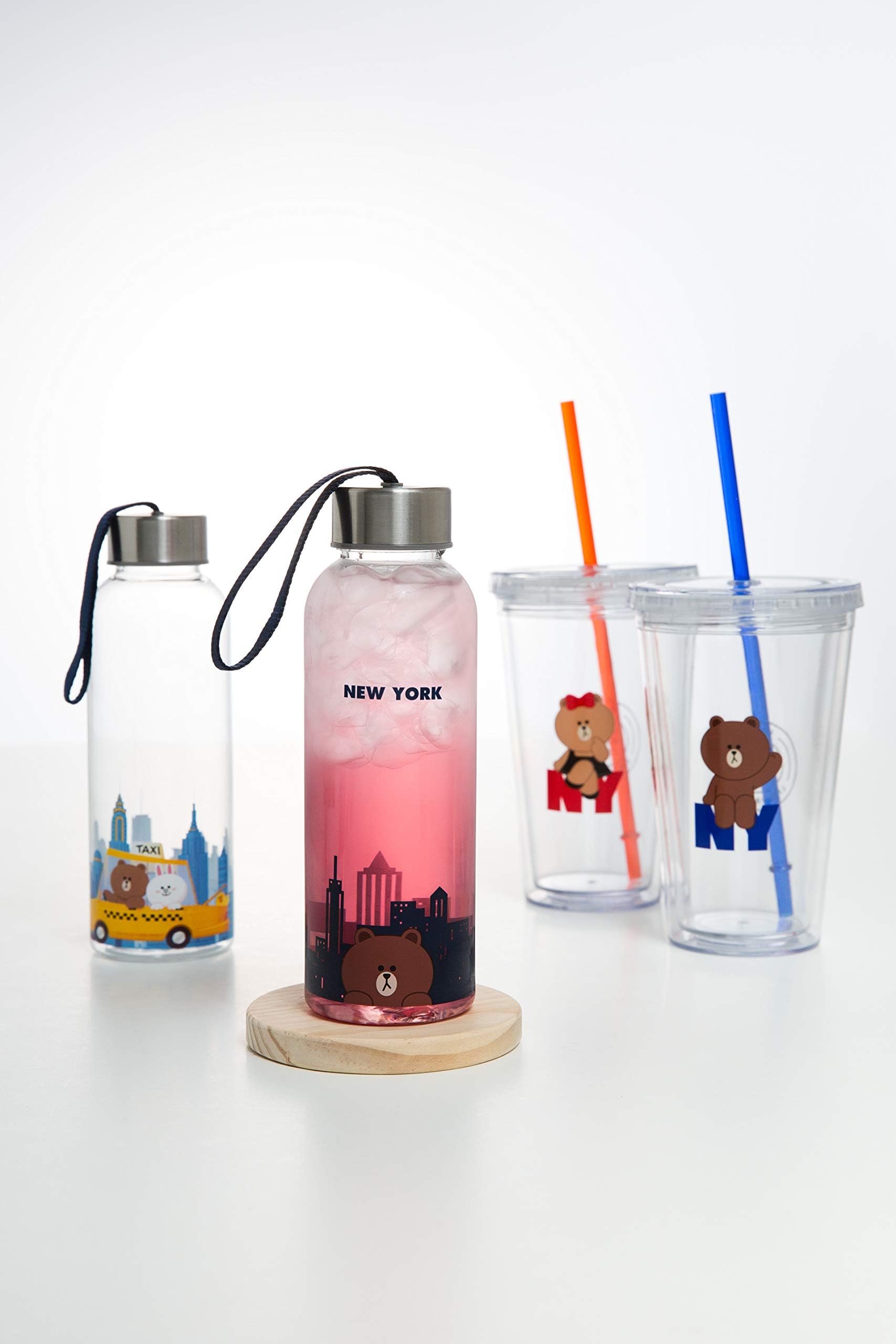 LINE FRIENDS Cold Cup - RED Ribbon Choco Character 500ml New York Edition Drinking Tumbler, Light Brown/Pink