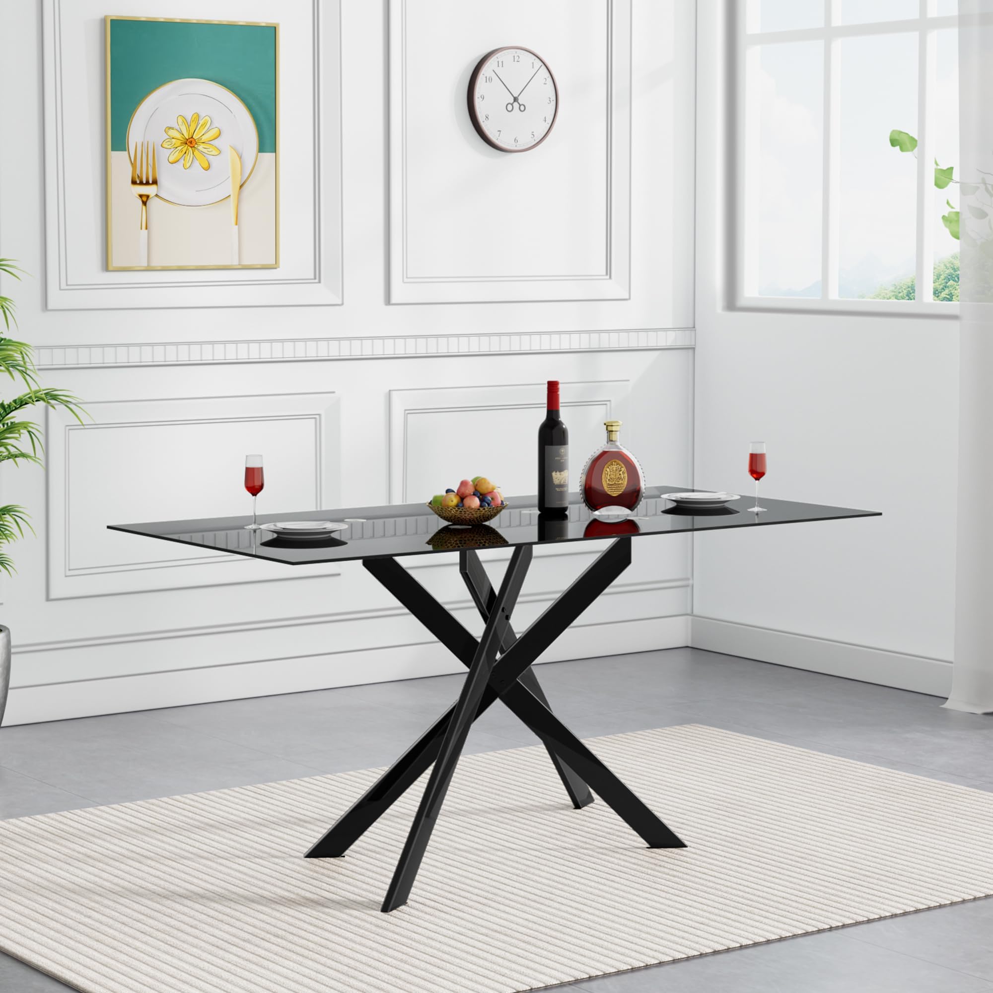 Pvillez 51.18" Rectangular Glass Dining Table, Black