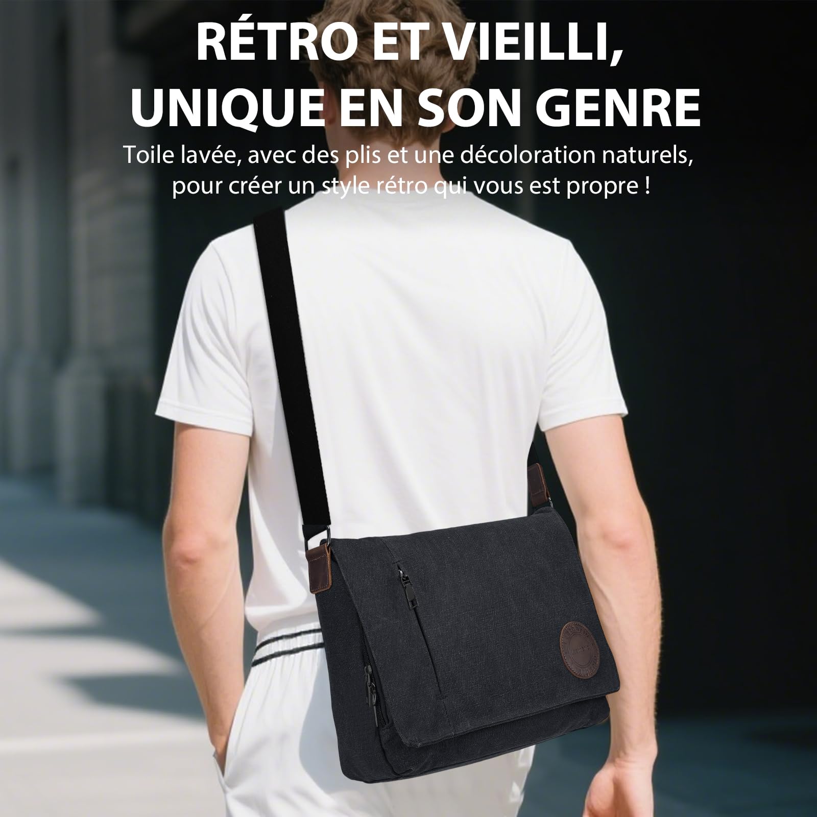Leathario Besace Homme en Toile et Cuir Véritable, Sacs d'épaule Sac Bandoulière Rétro Vintagepour Travail Voyage Loisirs Bureau Université Ecole