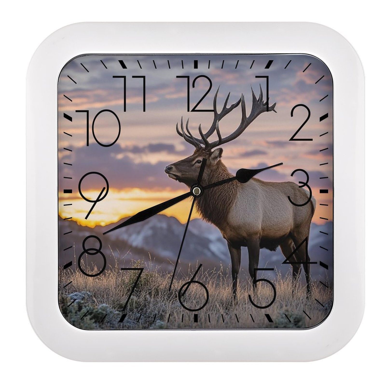 FekiLoot Red Deer Bull Elk Sunset Wall Clock Battery Operated Square Decorative Wall Clocks Silent Non Ticking Analog Clock Modern Retro Vintage Wall Clocks for Kitchen Living Room Office 10.2 Inch