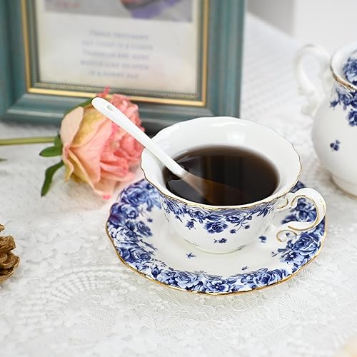 Miniatura 5 de Bone China - Juego de taza de té y platillo, 3 piezas, estilo vintage, juego de taza de té y platillo para mujeres y fiestas de té, caja de regalo