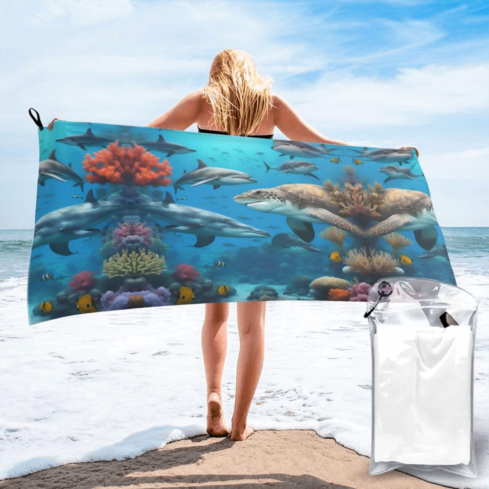 Toalla de baño Dolphins grande con estampado de arrecife de coral y secado rápido
