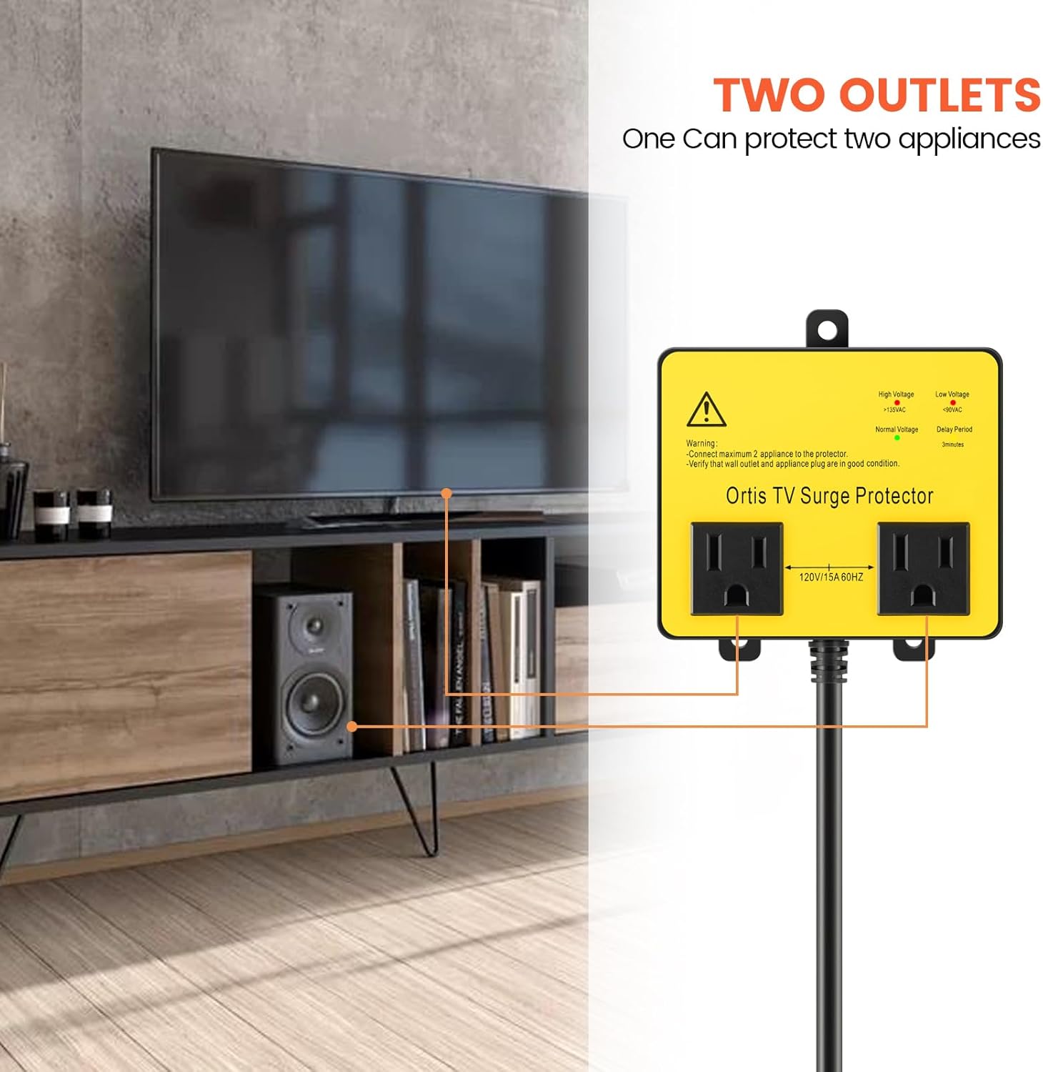 TV Surge Protector, Ortis Double Outlet Voltage Protector for Home Appliances Washer Refrigerator with Time Delay, Protects Against Brownout, Spike, Instant Surge All Voltage Abnormalities