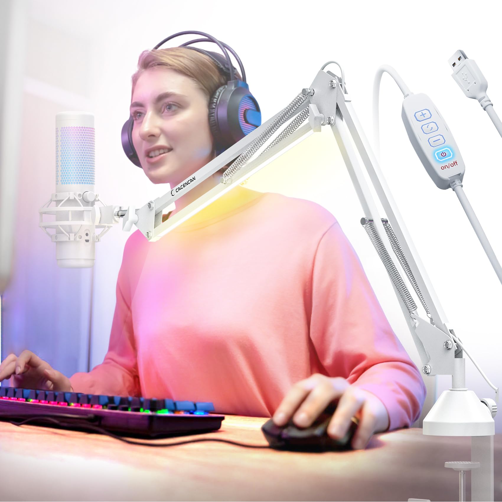CACENCAN - Soporte de brazo de micrófono mejorado con gestión de cables, adaptador de 3/8 a 5/8 pulgadas, soporte de micrófono de montaje en escritorio para Yeti azul, Shure SM7B, HyperX, transmisión