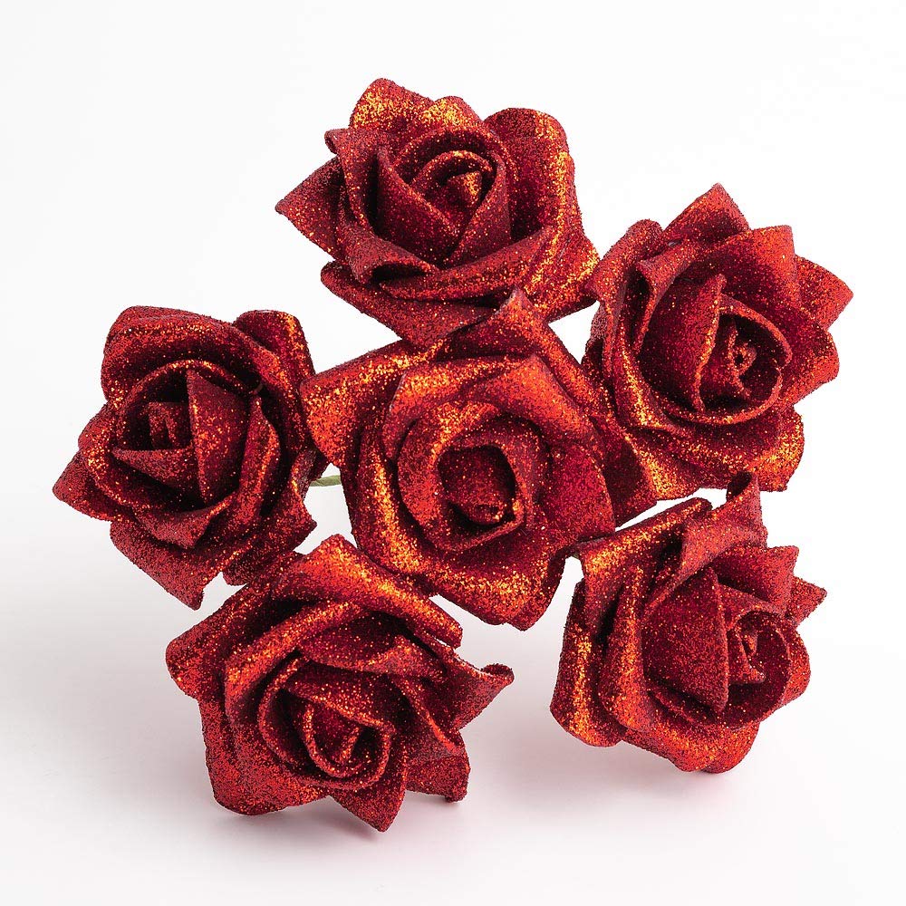 Italian Options Colourfast Artificial Foam Rose Flowers Wedding Bouquet, 5cm, Red Glitter — image 1