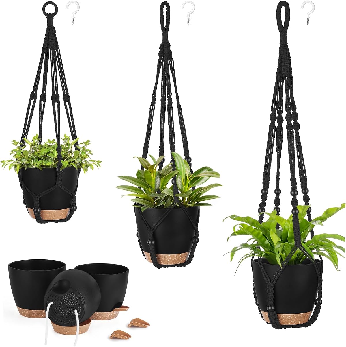 Paquete de 3 macetas colgantes Mkono para plantas de interior, colgadores de macramé, 3 tamaños | Macetas negras de riego automático para plantas, cestas colgantes de 35"/29"/23", estética boho, uso en interiores y exteriores, acento de decoración para el hogar