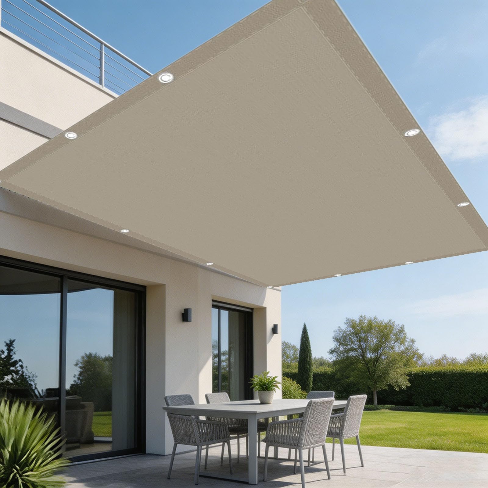 Tenda a Vela Impermeabile 340 x 350 cm Protezione Raggi UV 98% Impermeabile Poliestere Antistrappo Robusto e Stabile Telo Tenda da Sole a Vela per Giardino, Cachi