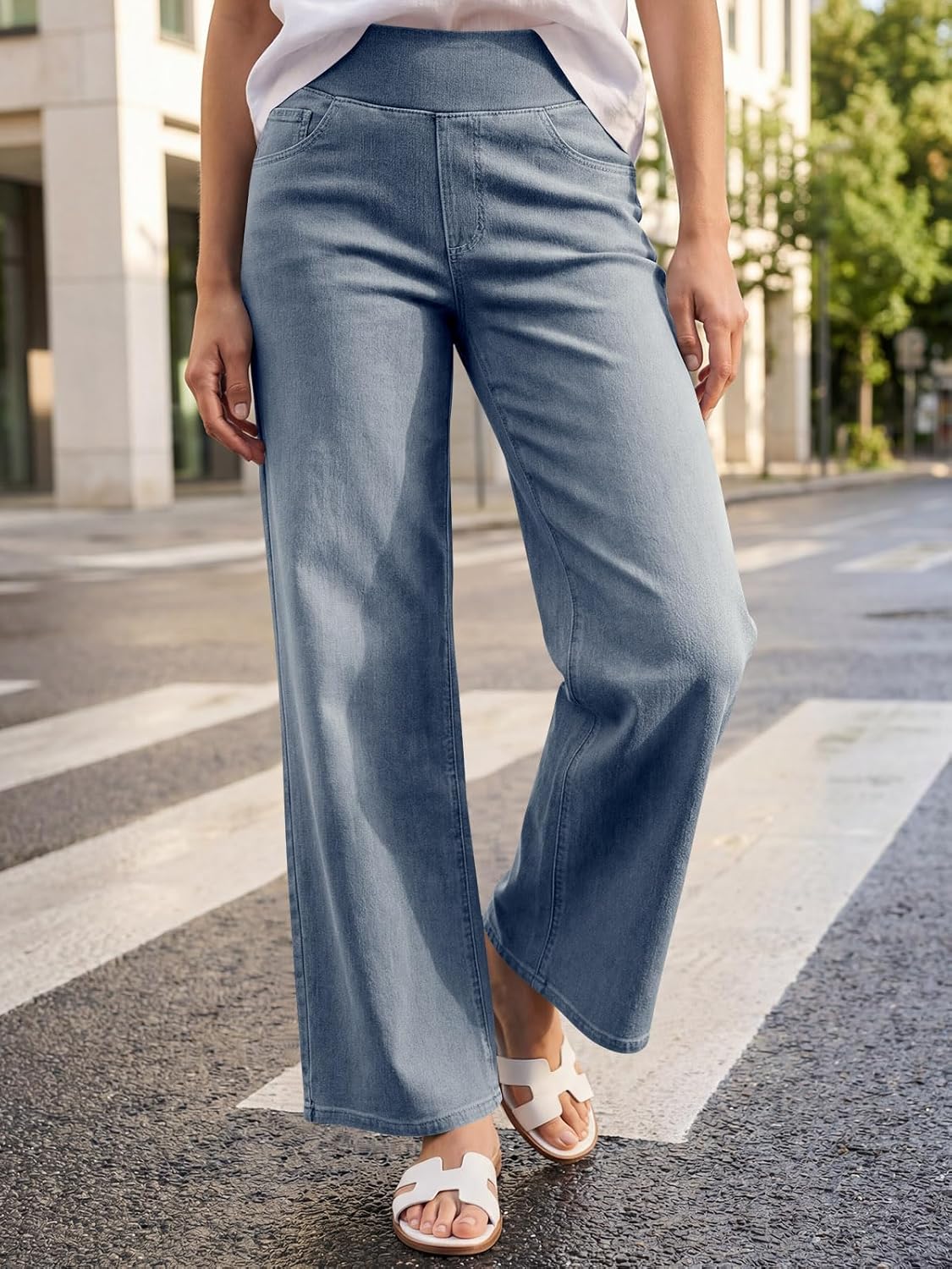 Fisoew Womens Baggy Wide Leg Jeans High Waisted Pull On Straight Leg Stretchy Jeans Boyfriend Denim Pants