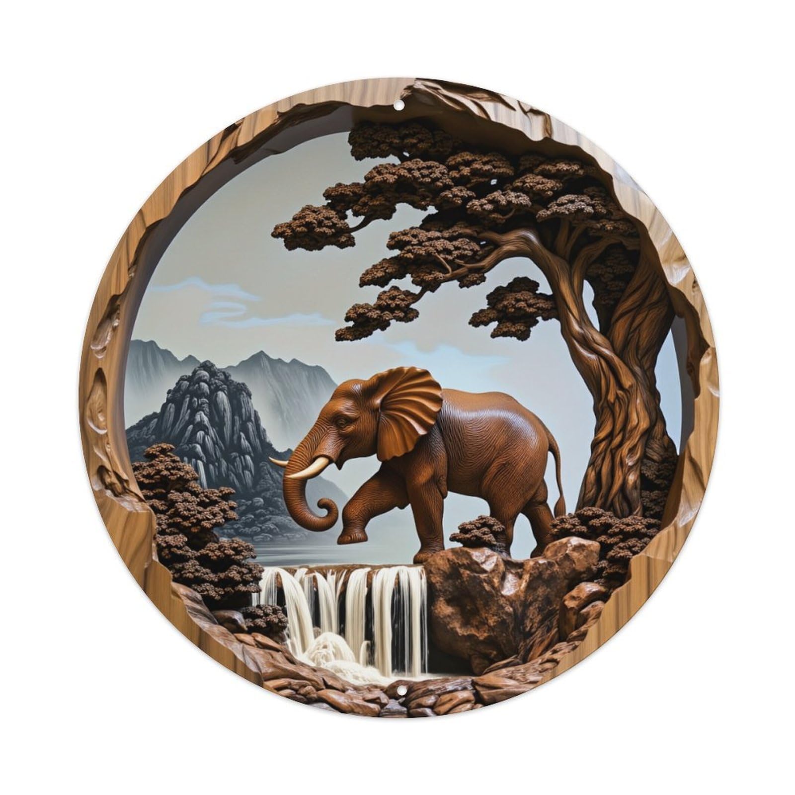 Elephant Waterfall Mountain Tree Wood Round Tin Sign Vintage Metal Sign Home Bar Garden Indoor & Outdoor Wall Decor Retro Metal Poster 8x8 Inch