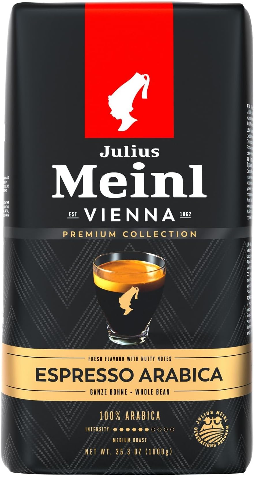 Premium Collection Espresso Arabica Whole Beans, Medium Roast, 100% Arabica Medium viscosity & fresh flavour with a delicate sweet aftertaste