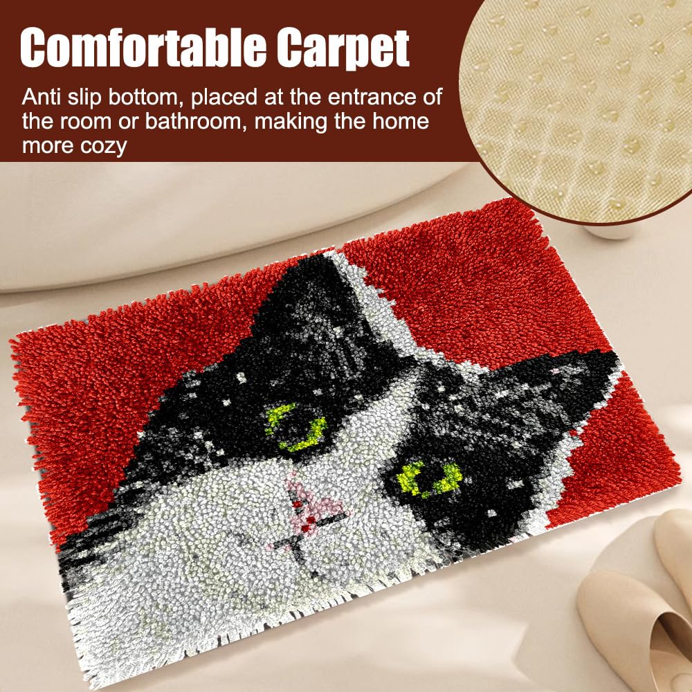MiOYOOW Kit Tappeto con Uncinetto, Set di Tappeti con Motivi di Gatti con Gancio, Decorazioni per Casa Regalo Ricamo a Motivo Prestampato di Gatto