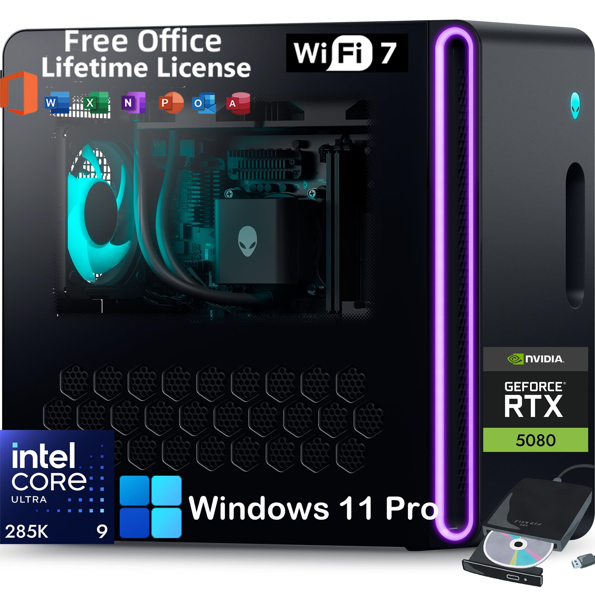 Alienware Aurora R16 Gaming Desktop 2025 - NVIDIA RTX 5080 GDDR7 (Beats 4090), Intel Core Ultra 9 285K(AI NPU), Win 11 Pro & Office License, External DVD, WiFi 7 (32GB DDR5 | 1TB SDD | 2TB HDD)