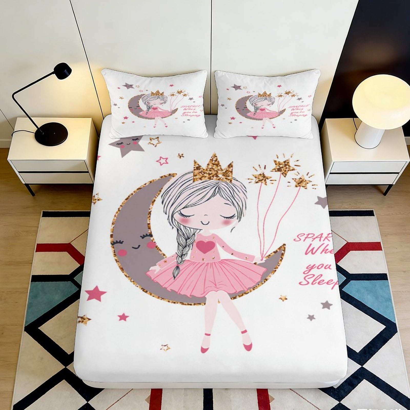 Decorative Princess Moon Fitted Sheet 3D Printed, Microfiber Soft Touch, Bed Cover for Bedroom, Guest Room Bedding, Easy Care, Anti-Slip, Stylish Accent, Dustproof 110 characters 90x200x25cm