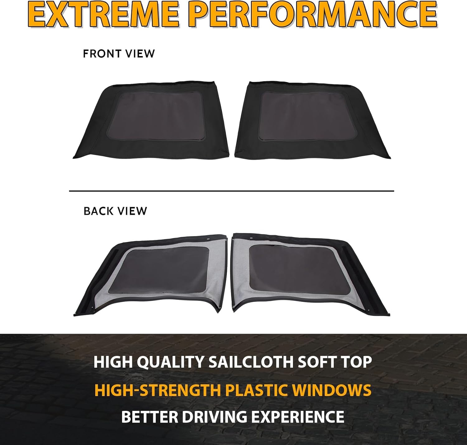 KUAFU Soft Top Replacement Compatible with 2007-2009 Jeep Wrangler JK Unlimited 4 Door, Black with Tinted Plastic Side and Rear Smoke Windows, Sailcloth Vinyl Soft Roof, No Upper Door Skins