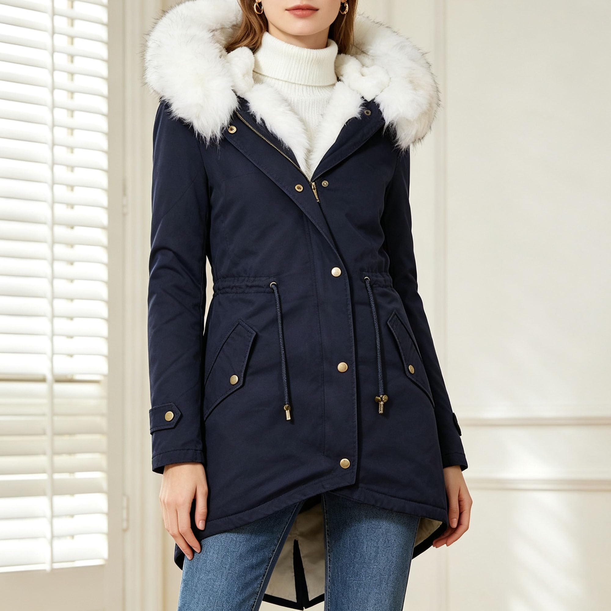 Parka invernale da donna con cappuccio in pelliccia sintetica foderata in