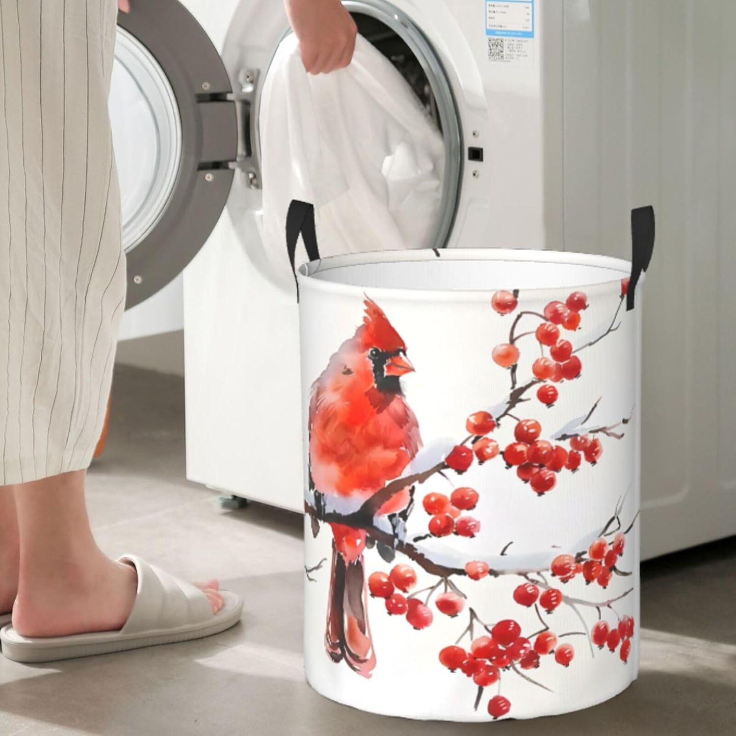 Red Berries Branch Bird Laundry Basket Round With Handle, Bedroom Hamper Collapsible Storage Bin Dirty Clothes Bag Organizer For Home Bathroom Nursery, 19.6''X15.7''