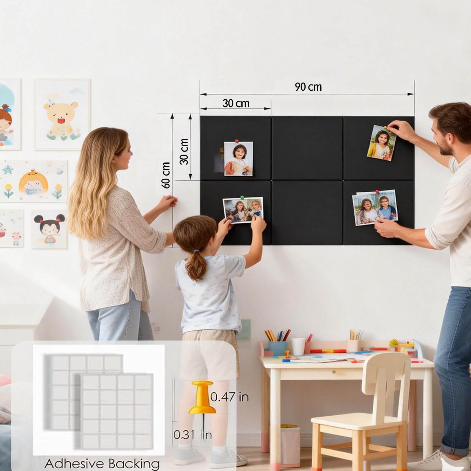 Große Pinnwand 89,9 x 59,9 cm, schwarze Korktafel, 6 Stück Korktafeln für Wände mit 24 Reißnägeln, Pinnwand & Vision Board für Home Office, Studentenwohnheim, Kreativstudio