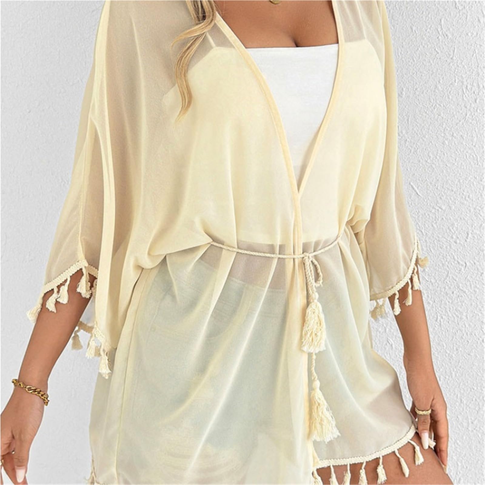 Copricostume da Bikini Copricostume da Spiaggia Donna, con Maniche Corte e Nappe, in Tinta Unita, Casual Femminile per Vacanza
