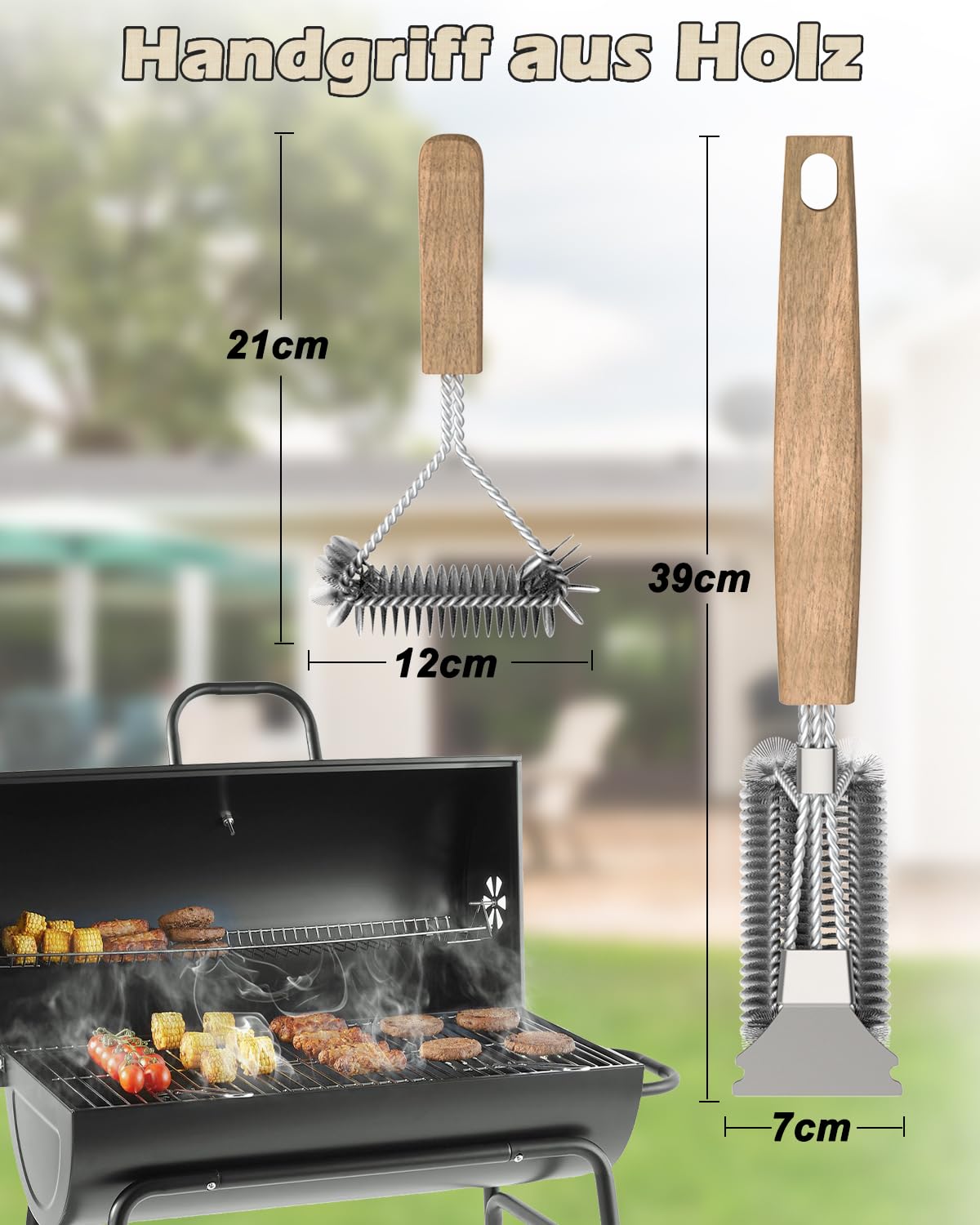 HAZENS Lot de 2 brosses de nettoyage pour barbecue avec manche en bois, 39 cm, grattoir en acier inoxydable, poils denses en acier inoxydable, triangulaire à 360°