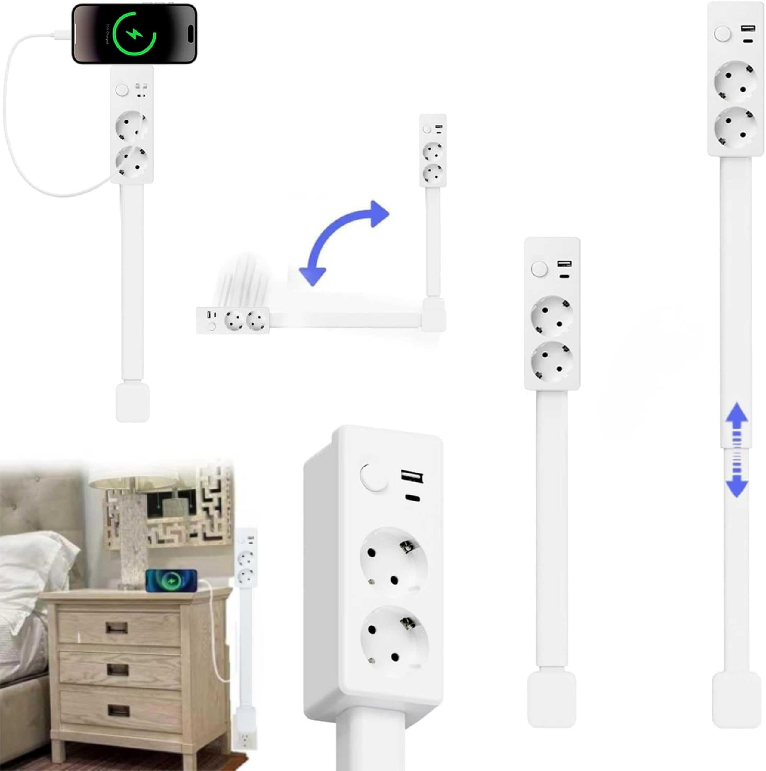 Rallonge de Prise Electrique Retractable (Plage de Longueur : 19,37 do 28,3 cala; obrót o 180°) — sektora 2-punktowego i 2 porty USB (Dont 1 USB-C i 1 USB-A), CE Gadget Pratique Off