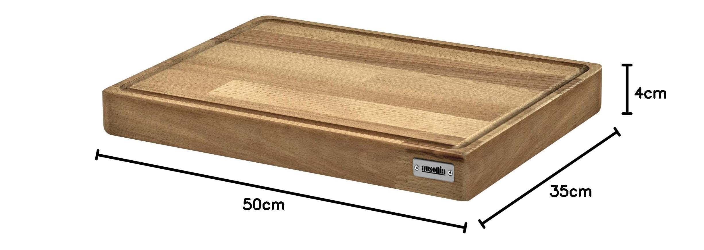 AUSONIA 66441 PLANCHE À DECOUPER EN BOIS DE HÊTRE PLANCHE DE CUISINE DE LUXE POUR VIANDE PAIN FROMAGE AVEC RAINURE ET BORD A JUS 50x35x4 cm AVEC PIEDS EN CAOUTCHOUC