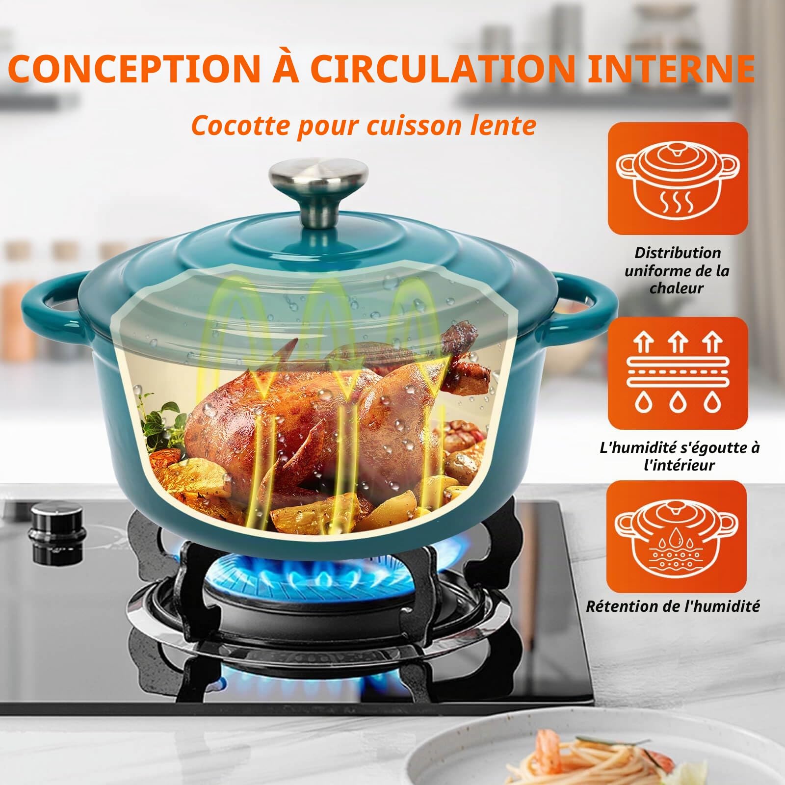 Denmay Lot de 7 casseroles en fonte émaillée avec couvercle, anti-adhésives, tous feux et induction, ensemble d'ustensiles de cuisine avec organisateur, cyan