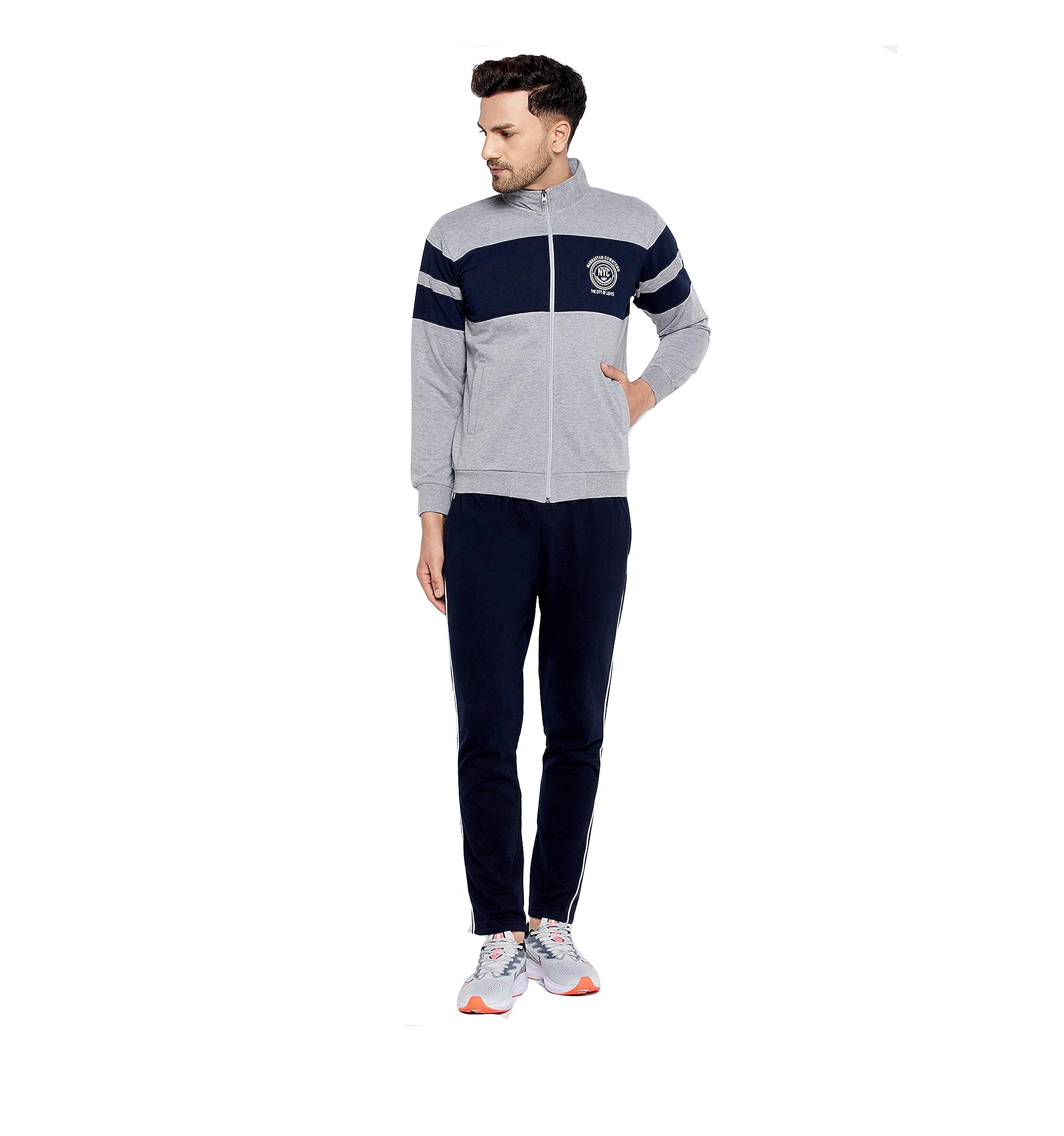 WILD WEST Mens Winter Tracksuit Warm Cotton Fleece Navy Grey Colour Zipper Set (B)