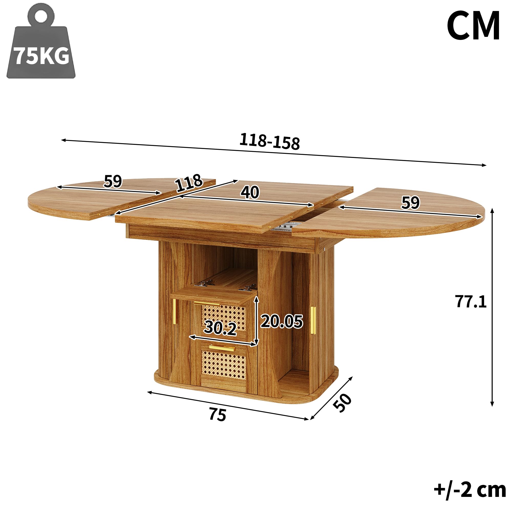 Tavolo da pranzo allungabile con vano portaoggetti, tavolo da 118-158 cm con cassetti in rattan