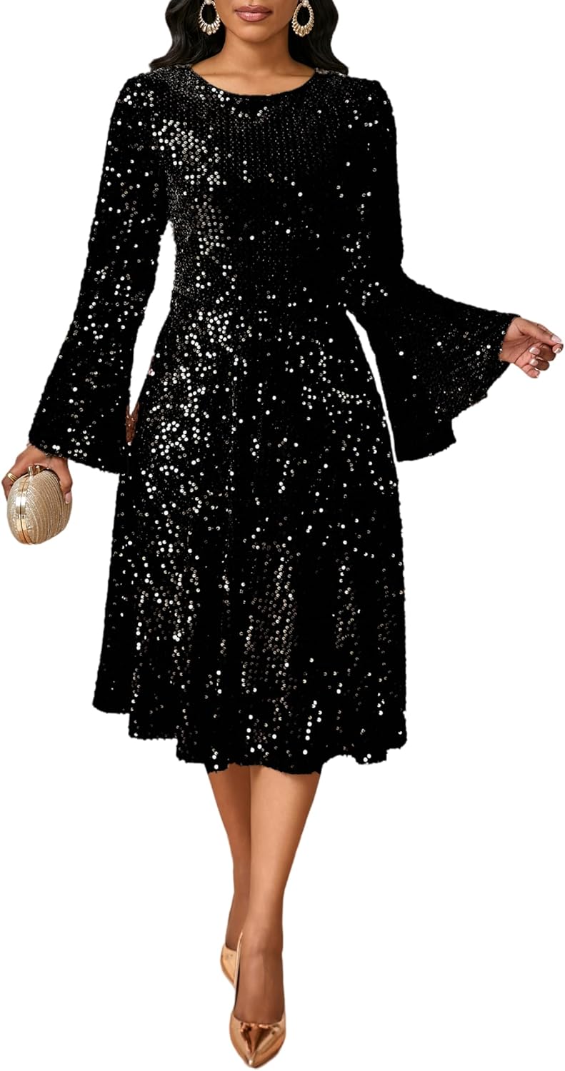 Women's Round Neck Sequin Dress Glitter A Line Dress Sparkly Long Sleeve High Waist Midi Dresses