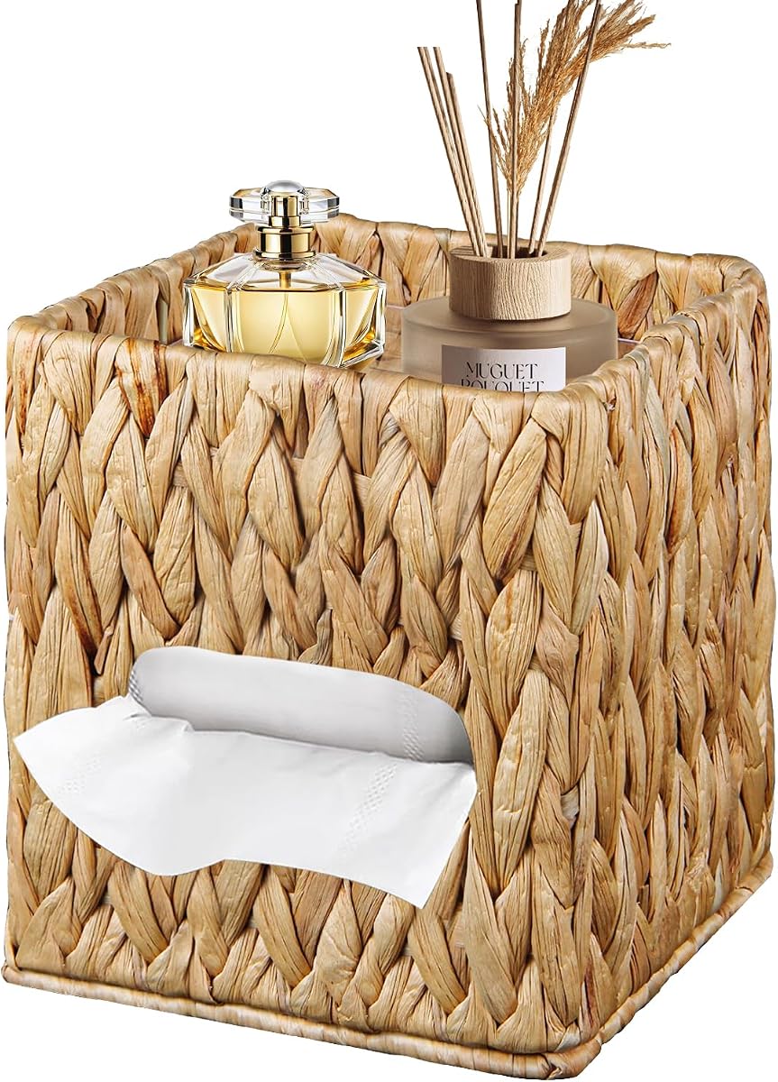Woven Tissue Box Cover Square with Storage Tray, Tissues Cube Box Holder | Farmhouse Wicker Facial Tissue, Water Hyacinth Dispenser and Organizer for Bathroom, Countertop, Vanity, Nightstand, Decor