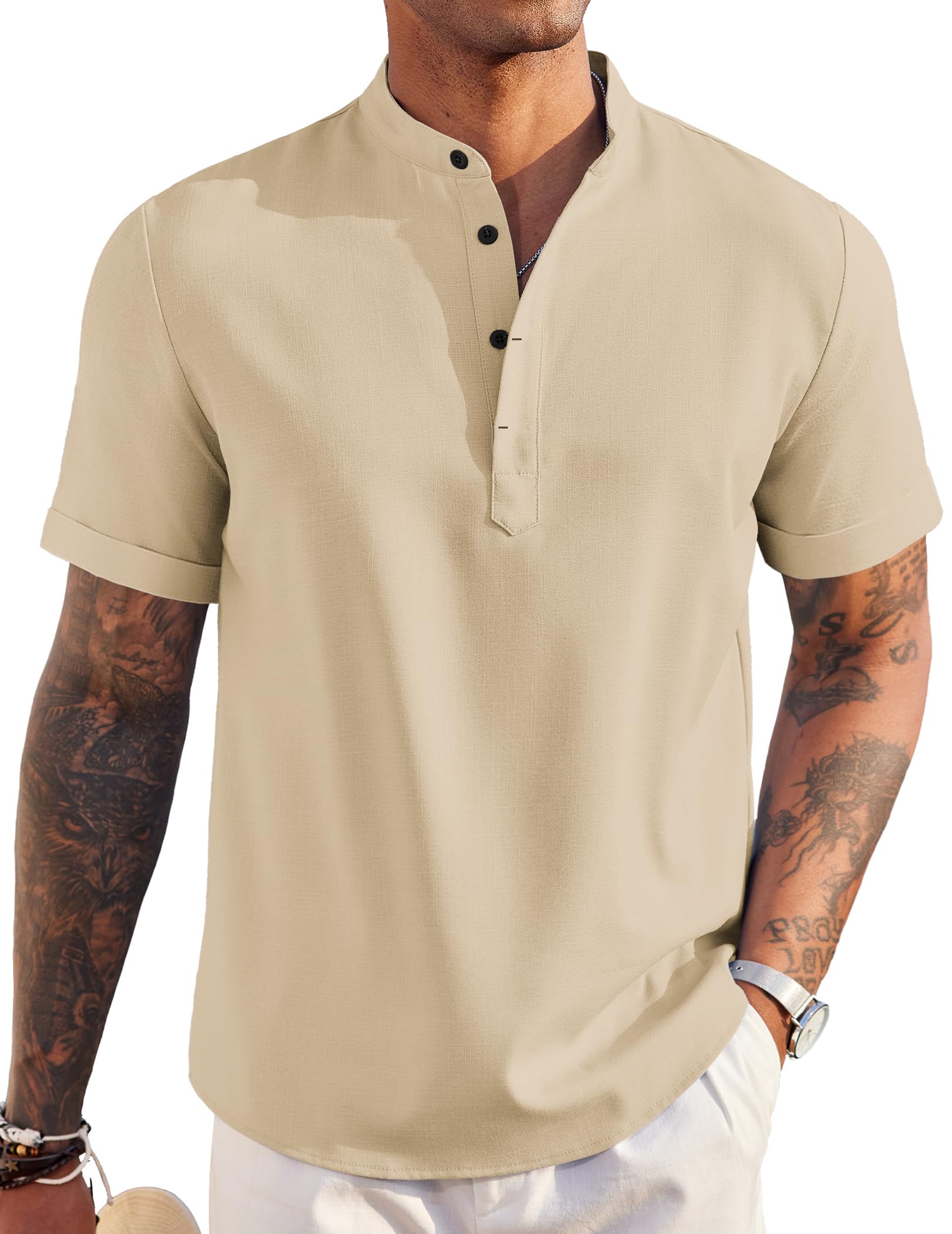 COOFANDY Men's Linen Henley Shirt Short Sleeve Casual Summer Beach Hippie T Shirts