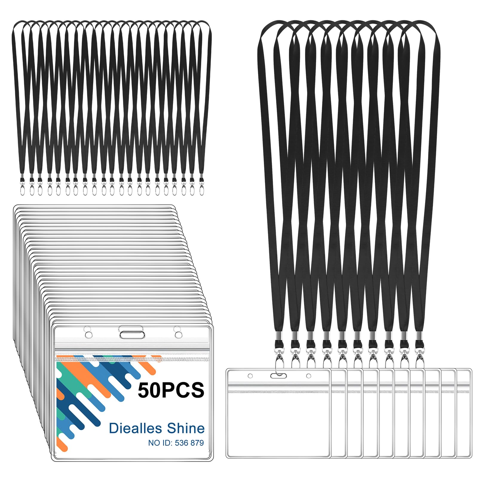 Diealles Shine Portatessere, Confezione da 50 Portatessere con Nastro, Portatessere Impermeabile con Nastro, Portabadge in Pvc Trasparente per Lavoro, Fiera, Scuola
