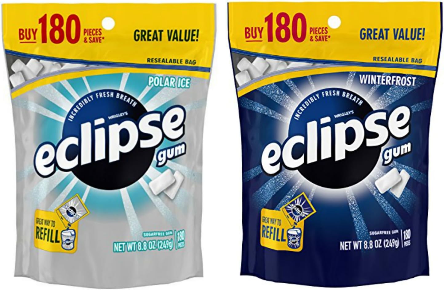 Eclipse Sugar Free Breath Mints Gum Variety Pack. Convenient One-Stop Shopping for Popular Eclipse Breath Mints: Polar Ice and Winterfrost. Easy to Source With 1 Click. Snacking Heaven!