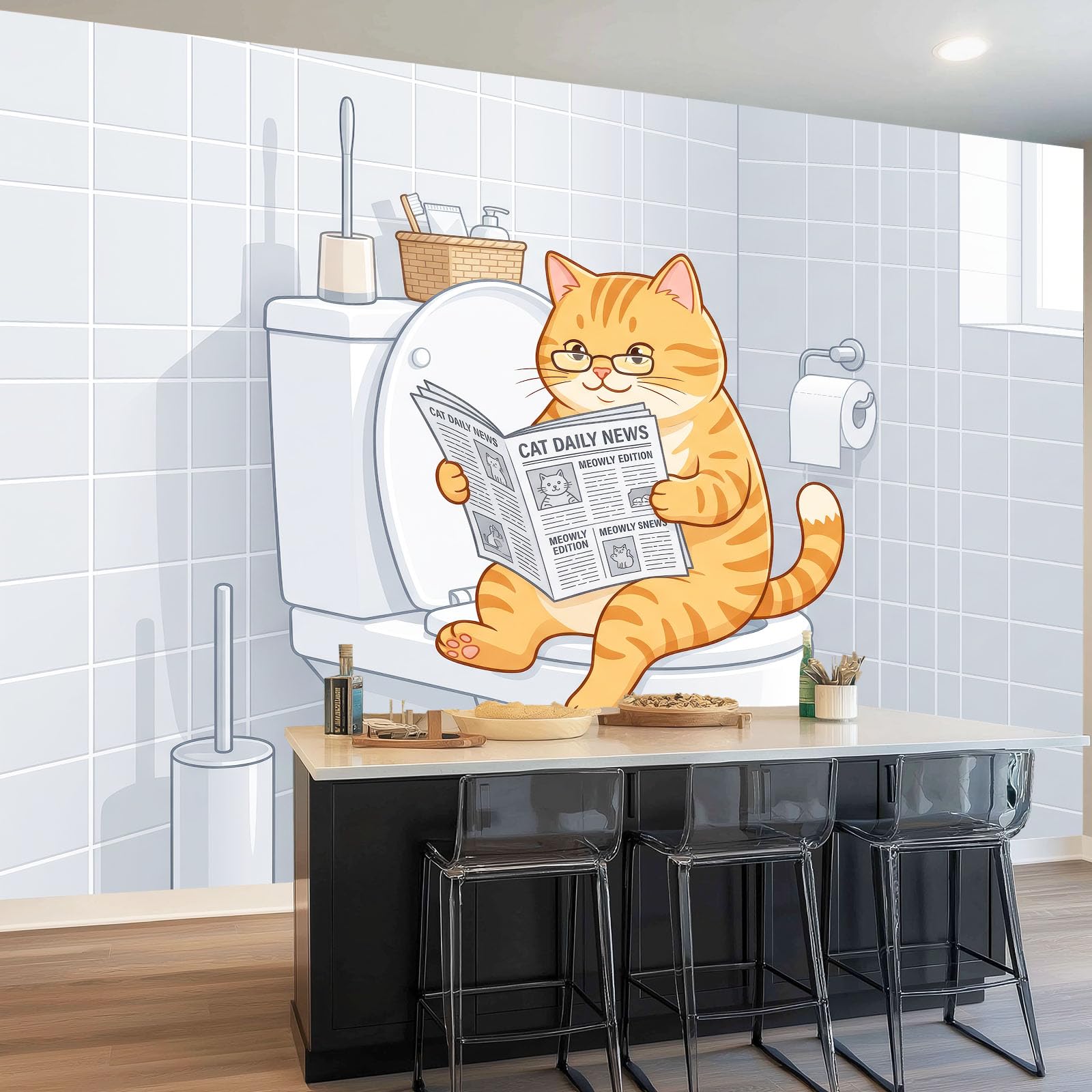 Papier Peint Panoramique 3D Gris Clair Dessin Animé Chat 300 x 210 cm