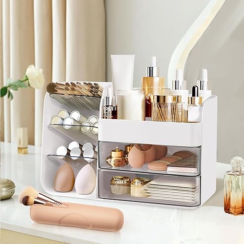 FZHZZ Organizador de maquillaje para encimera con cajones, organizador de cosméticos con soporte para brochas de maquillaje de viaje, organizador de
