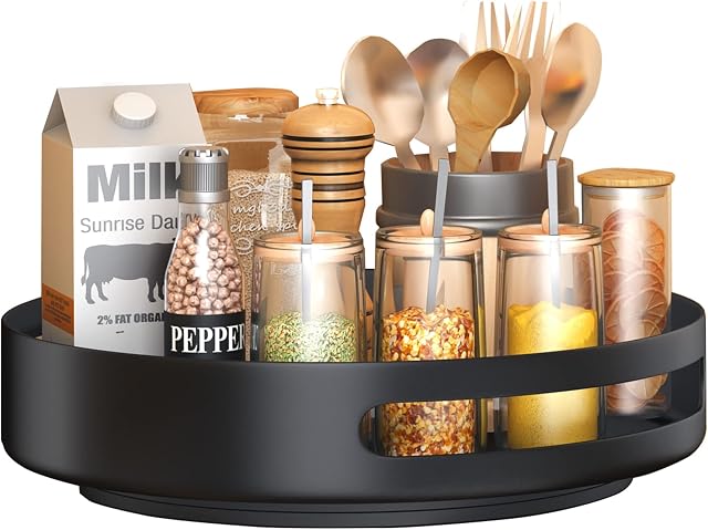 Lazy Susan Turntable, SAYZH Lazy Susan Cupboard Organizer Metal Steel Turntable ,Rotating Spice Racks for Pantry Cabinet Cupboard Organizer Table, 25.4 CM, Black