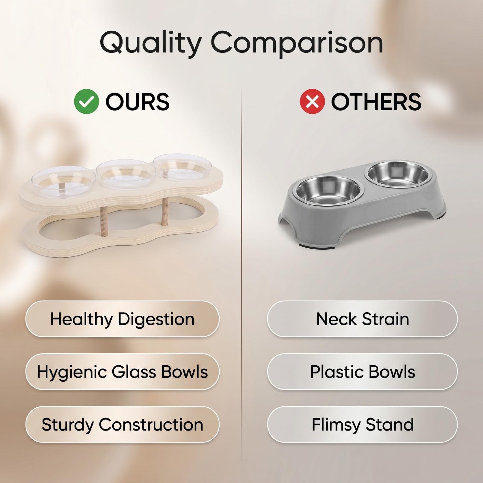Gamelles Surélevées pour Chat, Gamelles Surélevées Anti-vomissements avec 3 Bols d'eau en Verre et Support en Bois, Station d'alimentation Réglable pour Petit Chien