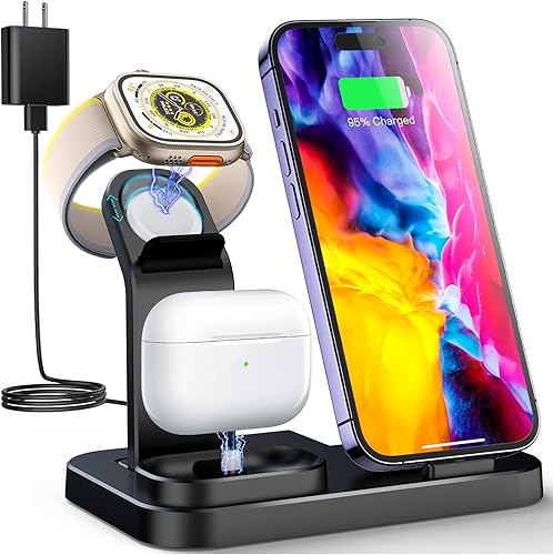 Estación de carga inalámbrica 3 en 1 RJR compatible con dispositivos Apple, base de carga para iWatch, soporte de carga inalámbrico integrado para