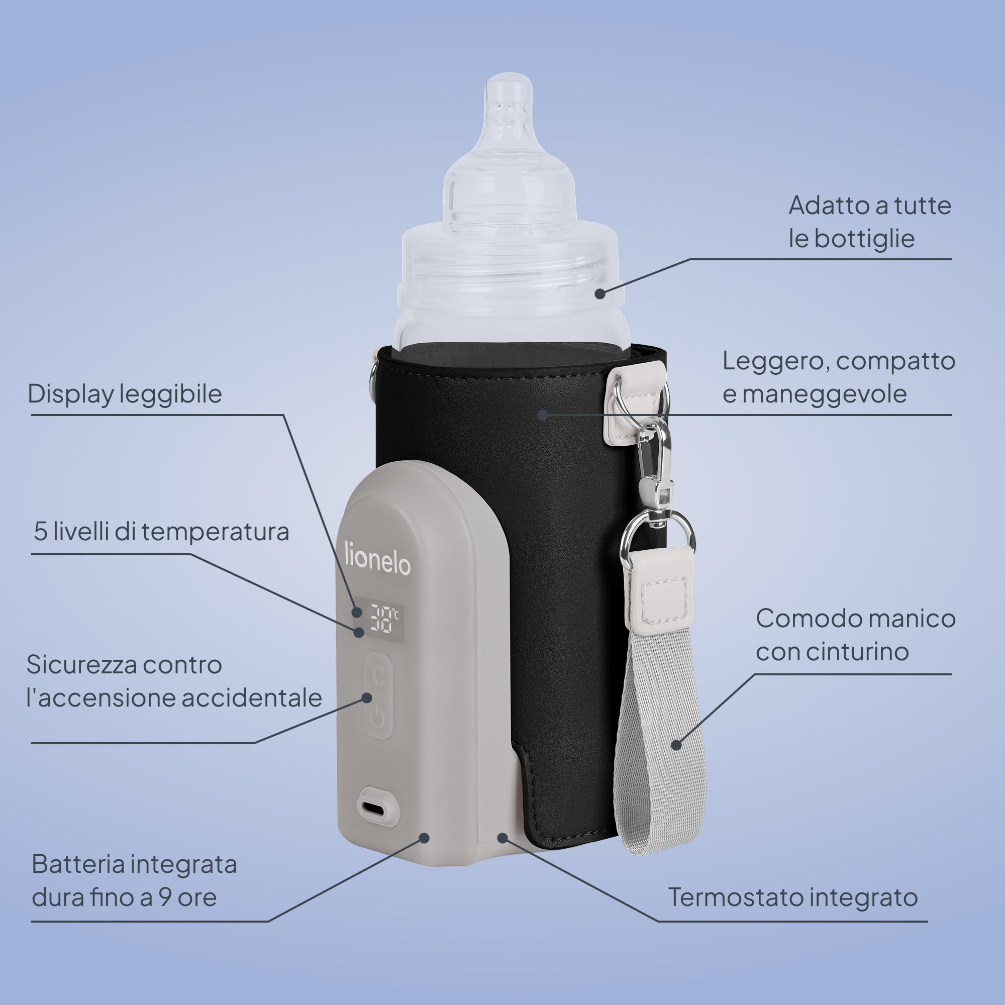 LIONELO Thermup Go Evo Scaldalatte Portatile per Biberon | Mantiene Caldi i Liquidi, 5 Temperature da 38 a 50°C, Ricarica USB-C e Autonomia fino a 9 Ore