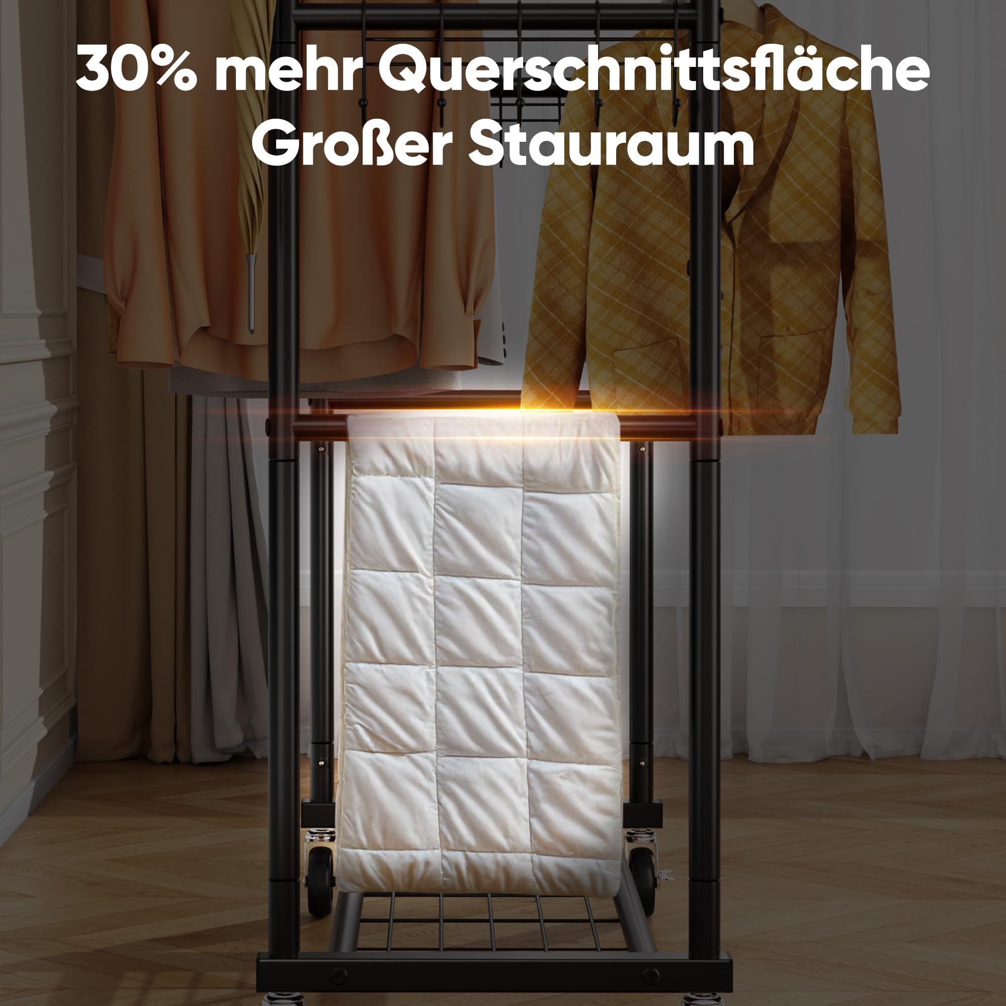HOKEEPER Kleiderständer Schwerlast-Kleiderstange 204kg Kleiderständer mit Rädern Doppelstab-Garderobenständer zum Aufhängen von Kleidung Tragbarer mit Regalen, schwarz