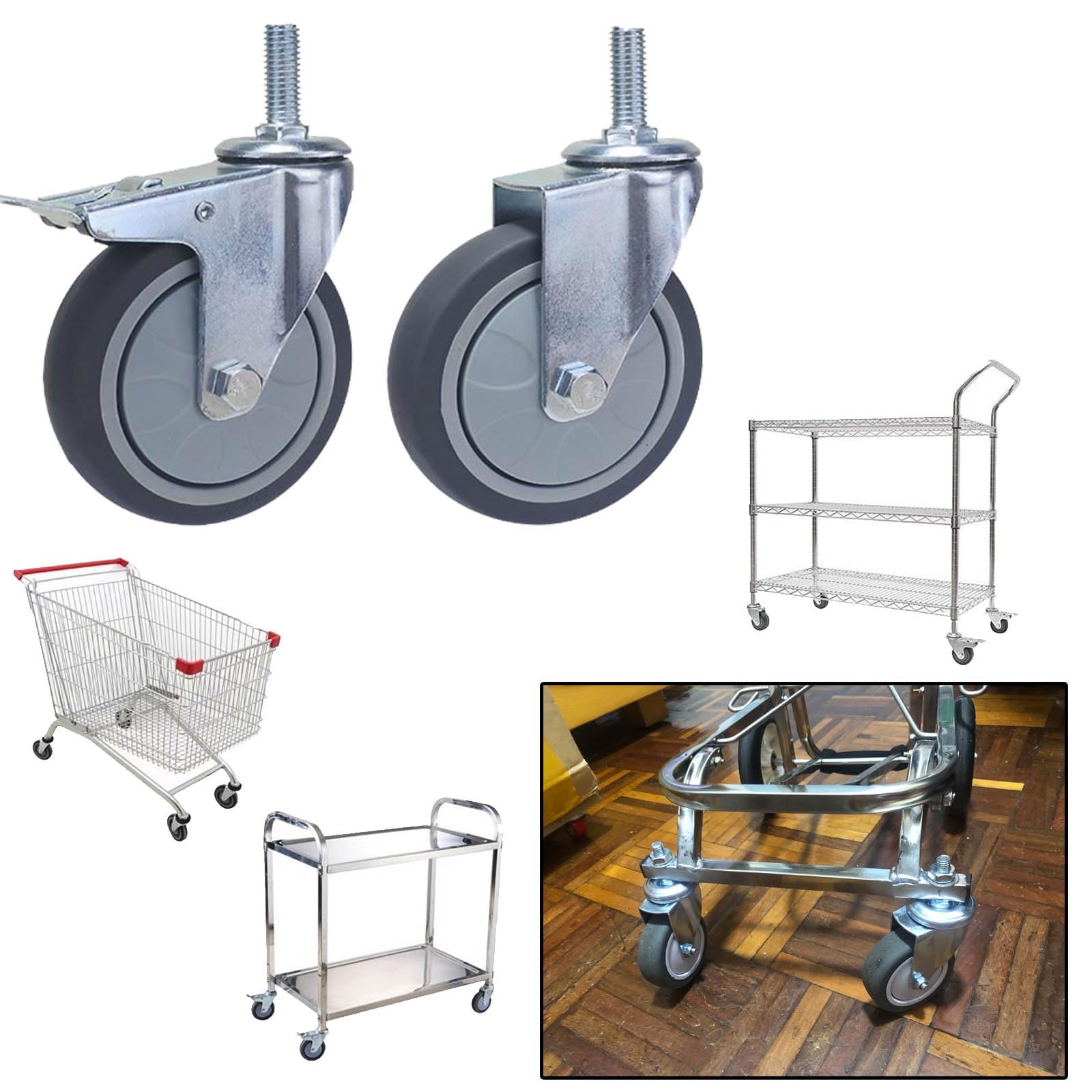 Kółka pneumatyczne, Zestaw 4 kółek skrętnych z hamulcem, 3 cale/4 cale, gwint M12x30 mm, udźwig 30 kg(Swivel+brake,4in)