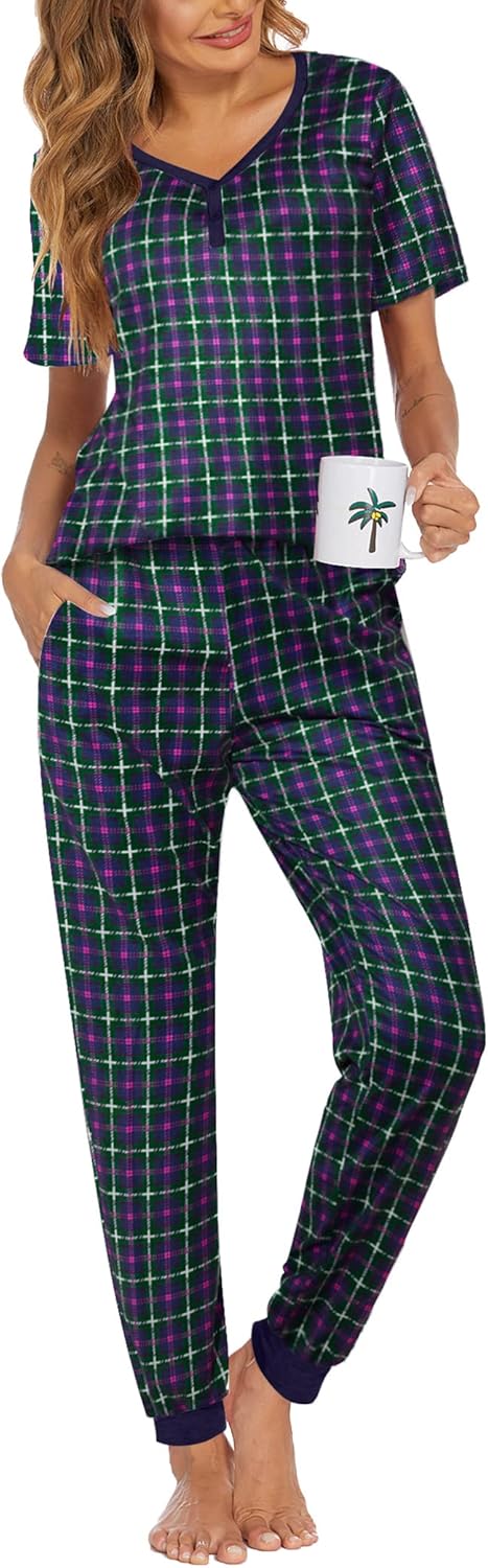 Ekouaer Pajamas for Women Set 2 Piece Lounge Set Short Sleeve Pjs Joggers Long Pants Sleepwear with Pockets