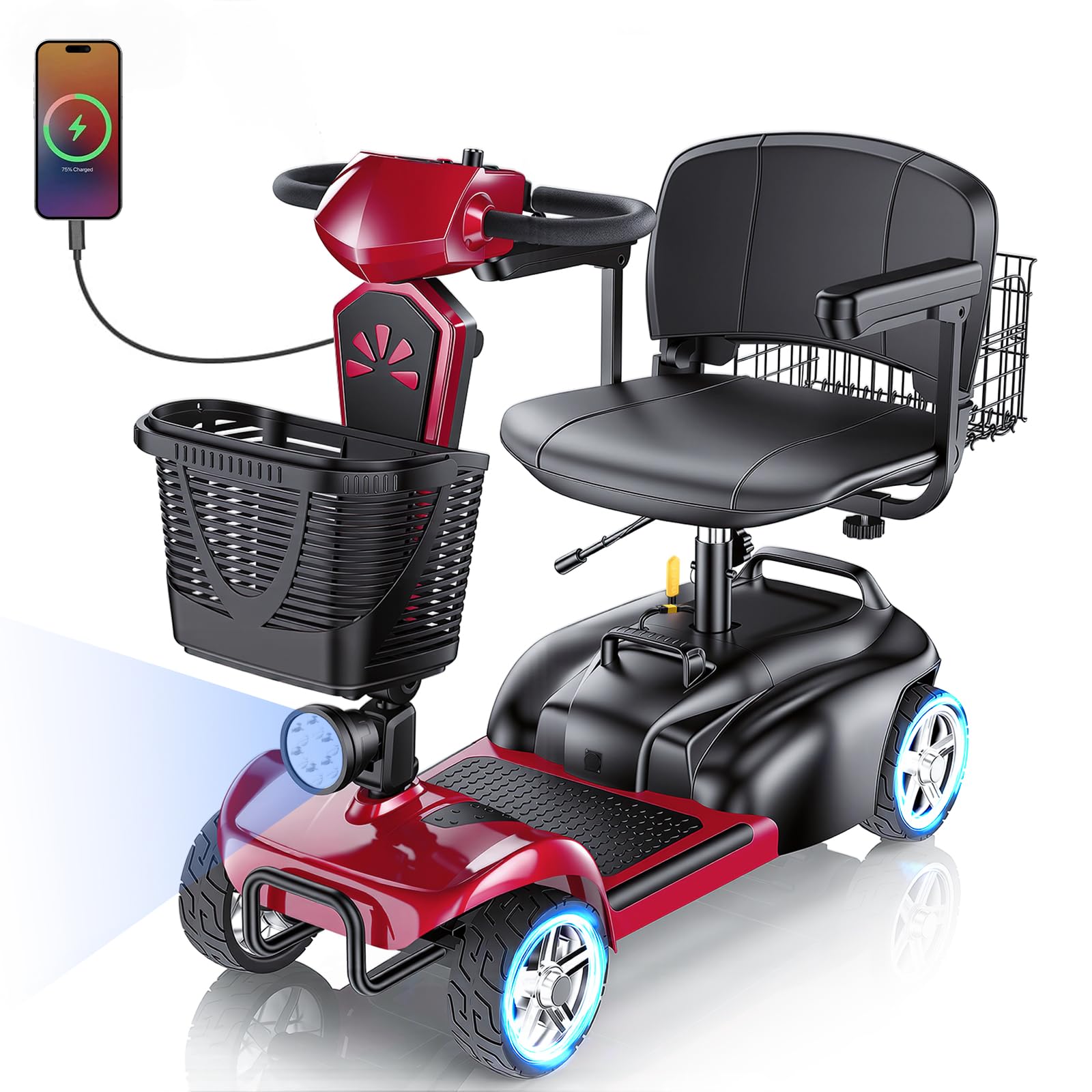 15/25/30/50Miles Eldryvon 4 Wheels Electric Mobility Scooter for Seniors, Dual Basket, 350W Powered Wheelchair with Rotating Seat, Foldable Motorized Scooter for Adult with USB Port, 300Lbs Capacity
