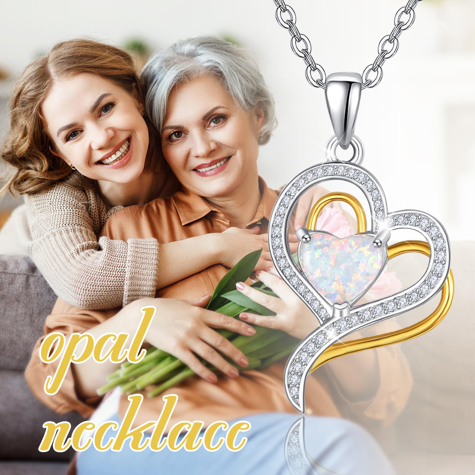 TANGPOET Collar de ópalo de plata de ley 925 con colgante de corazón, Regalos Mujer, Joyería de cumpleaños para mujeres y niñas, Plata esterlina