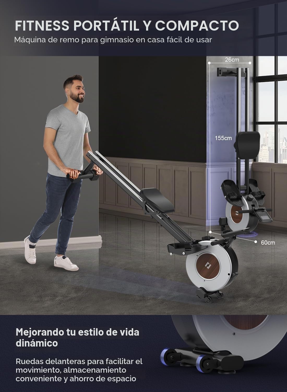 Máquina de Remo Magnética con 16 Niveles de Resistencia Ajustables, Pantalla LCD, Dos Raíles Deslizantes, Almacenamiento Vertical Que Ahorra Espacio, Fácil Montaje