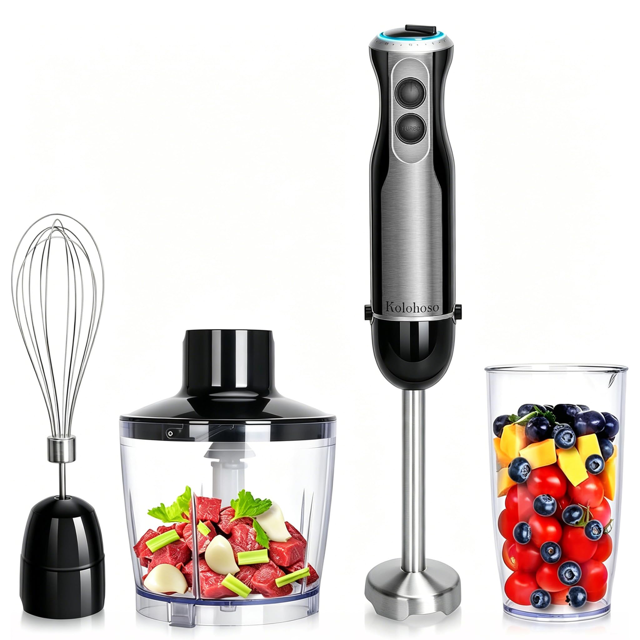 1500W Frullatore a Immersione 4 In 1 Professionale 20 Velocità e TURBO | Mixer Multifunzione in Acciaio Inox 304, Frusta, Tritatutto 500ml e Misurino 600ml, per Smoothie, Zuppe e Salse, Senza BPA