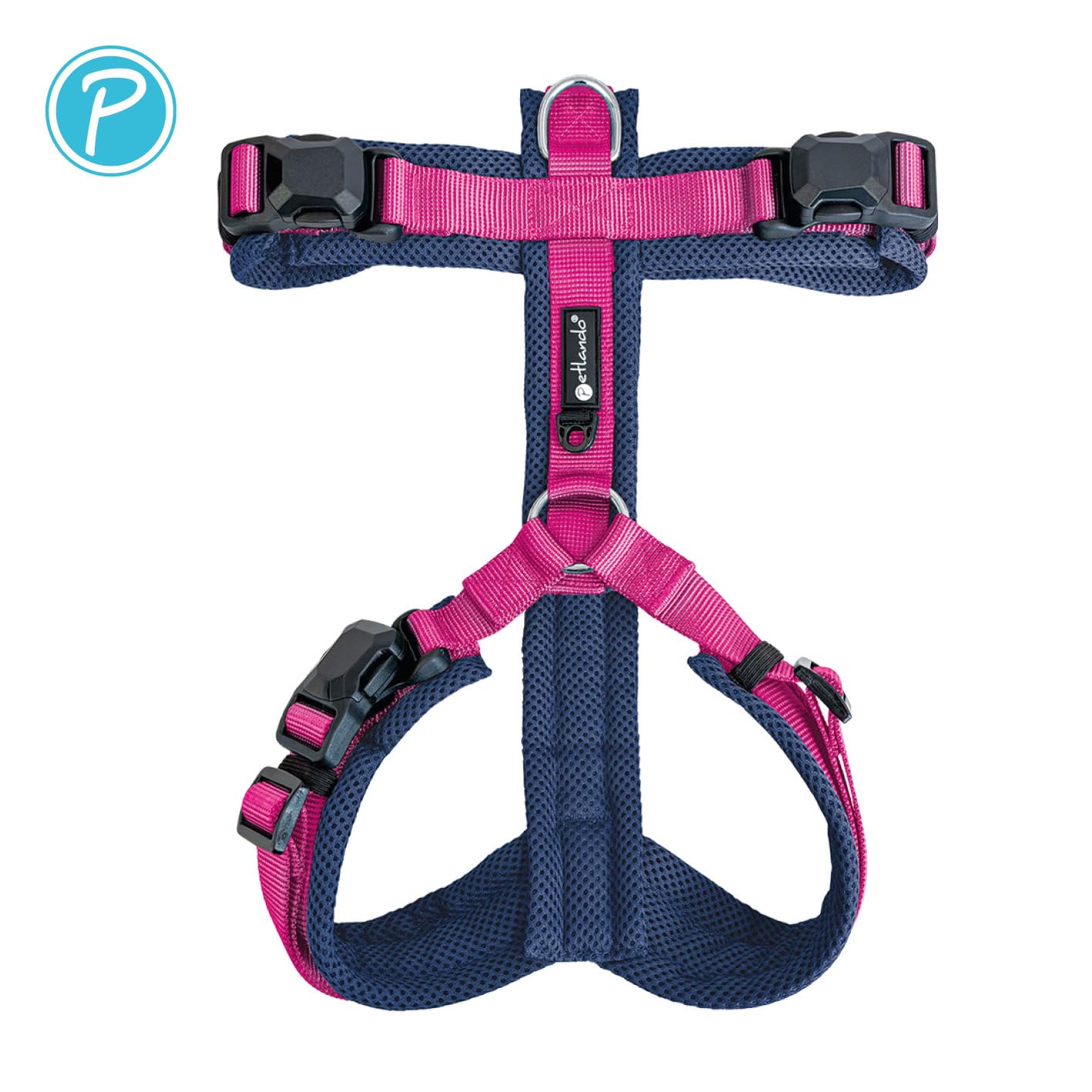 Petlando Hundegeschirr Magnetech Y-Comfort – Innovative Magnetschnalle, atmungsaktiv, mit Mesh gepolstert, stufenlos verstellbar – Navy/Fuchsia XS (Halsumfang 28-52cm, Brustumfang 32-50cm)