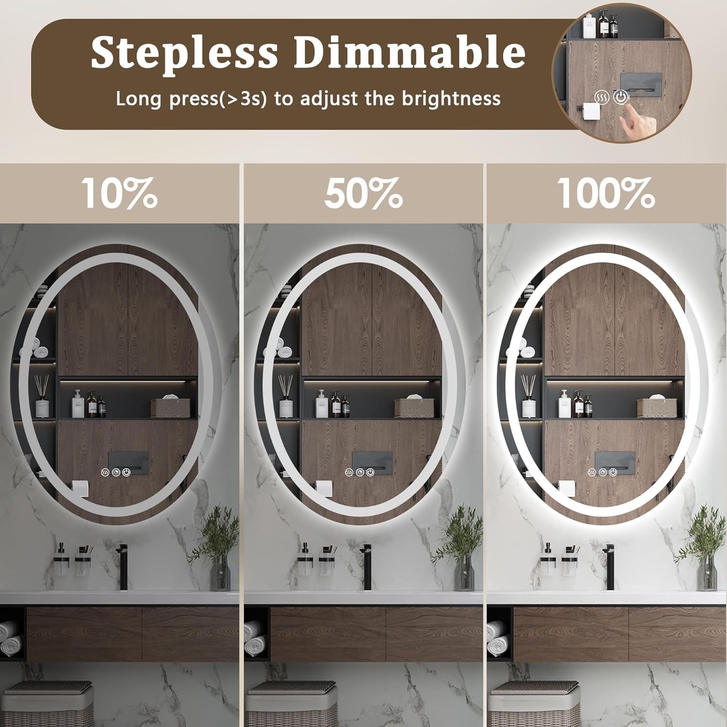 Oval LED Wandmontage Spiegel für Bad, Dimmbar 3 Farben Licht Kosmetikspiegel, Rahmenlos Dekospiegel, 60/70cm Badezimmerspiegel Antibeschlag(Frontlit,24"x32")